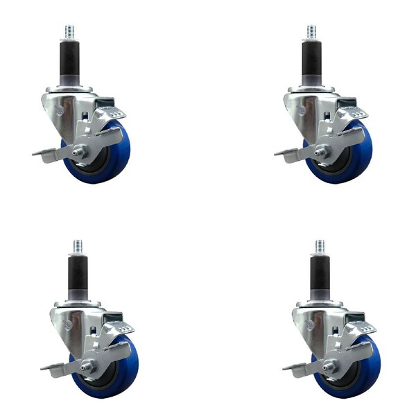 Service Caster 3'' SS Blue Poly Swivel 1-1/8'' Expanding Stem Caster Set with Brake, 4PK SCC-SSEX20S314-PPUB-BLUE-TLB-118-4 - main